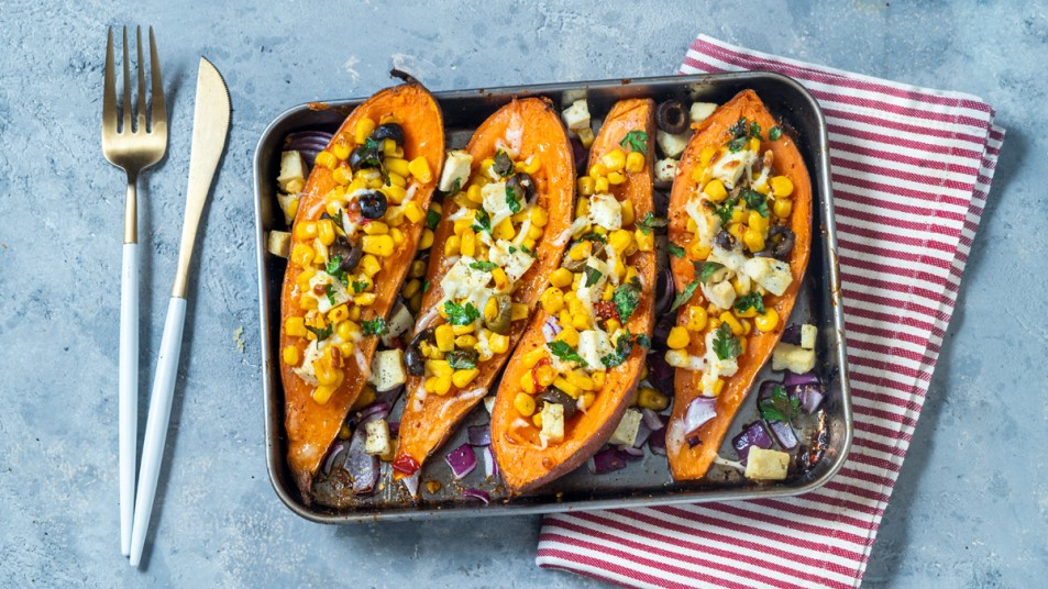 Baked sweet potatoes with toppings