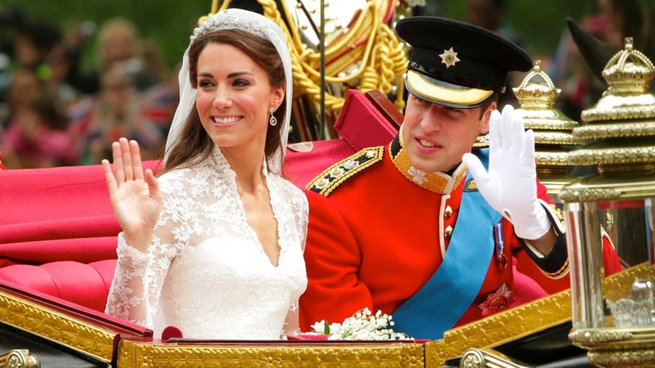 Prince William and Kate Middleton in a carriage on their wedding day
