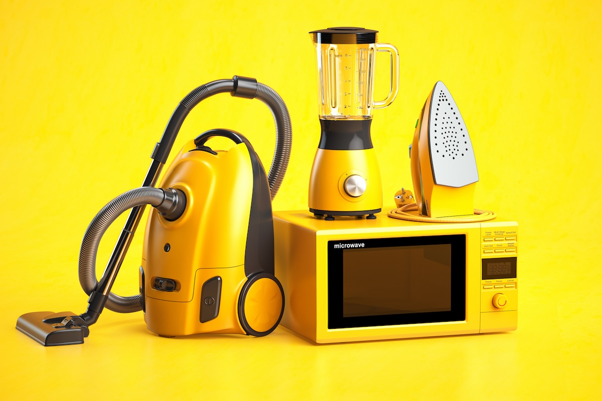 Yellow household appliances on yellow background. Set of home technics. 3d illustration