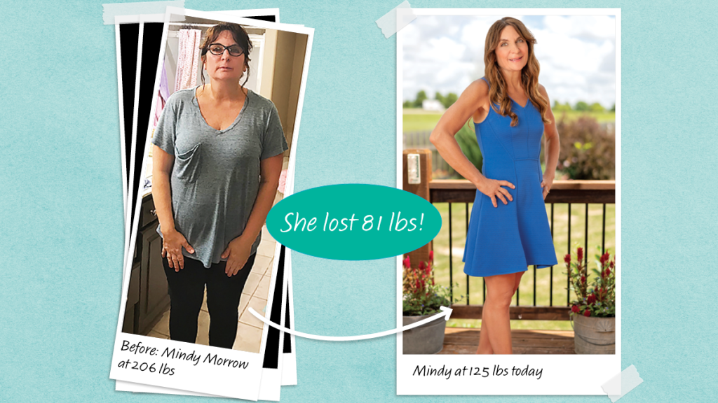 Before and after photos of Mindy Morrow who lost 81 lbs with the help of an Italian Mediterranean Diet
