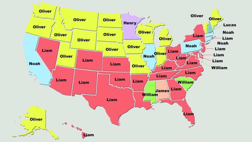 Map of popular baby boy names in 2020