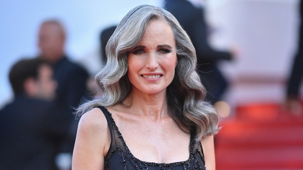 Actress Andie MacDowell with long gray hair at event