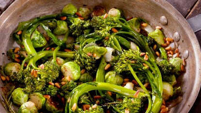 Pan of broccoli and Brussels sprouts