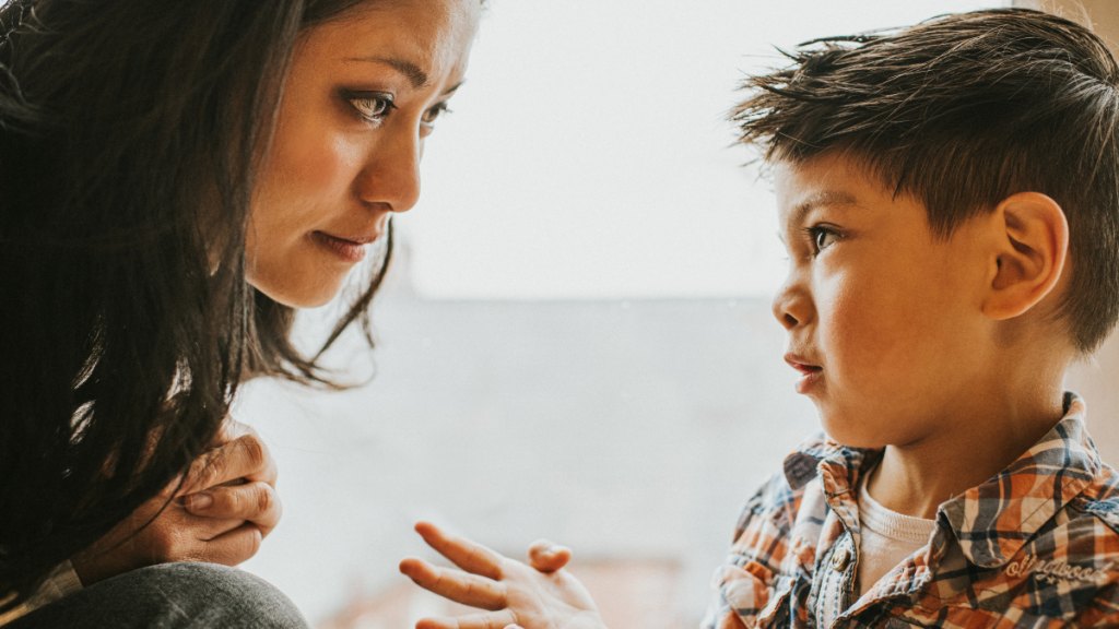 mother of stubborn young son communicates with him and persuades him to what she wants after she learns communication strategies
