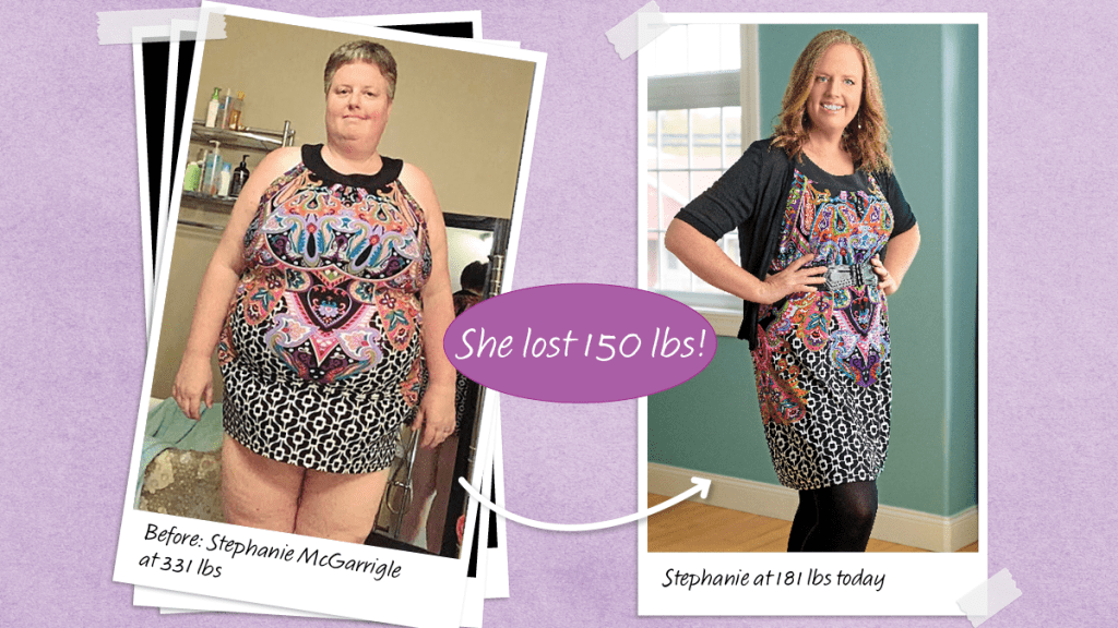 Before and after photos of Stephanie McGarrigle who lost 150 lbs on the Dr. Fung diet plan, with intermittent fasting for the holidays