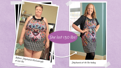 Before and after photos of Stephanie McGarrigle who lost 150 lbs on the Dr. Fung diet plan, with intermittent fasting for the holidays