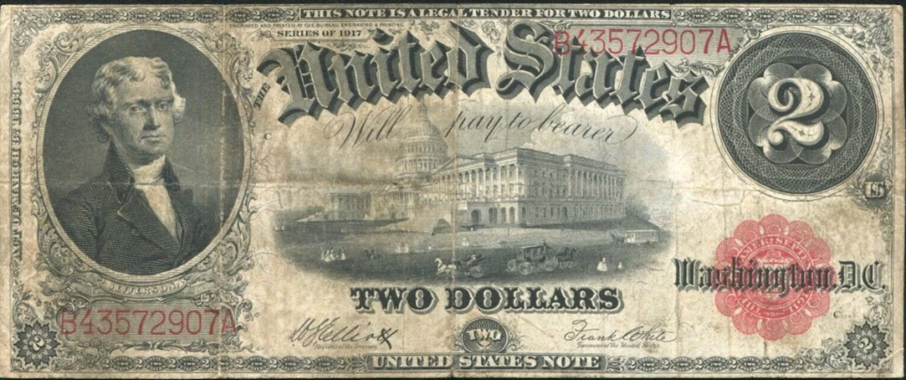 A well-circulated two dollar bill from 1917