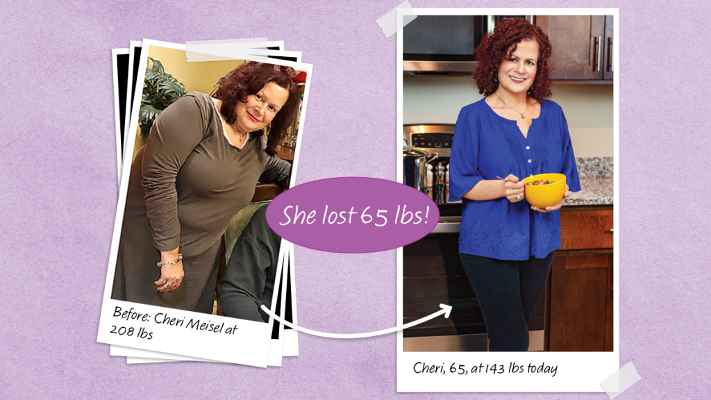 Before and after photos of Cheri Meisel who lost 65 lbs using keto detox soup for weight loss
