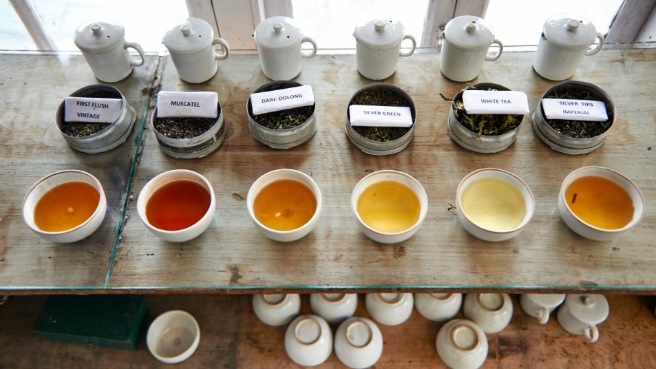 various wellness teas on a wooden table with tea leaves and nametags