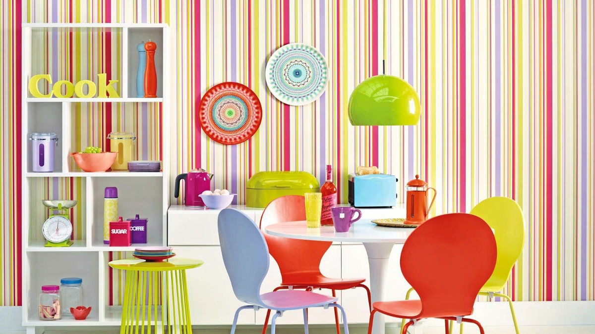 striped wall using stick-on wallpaper, red accents