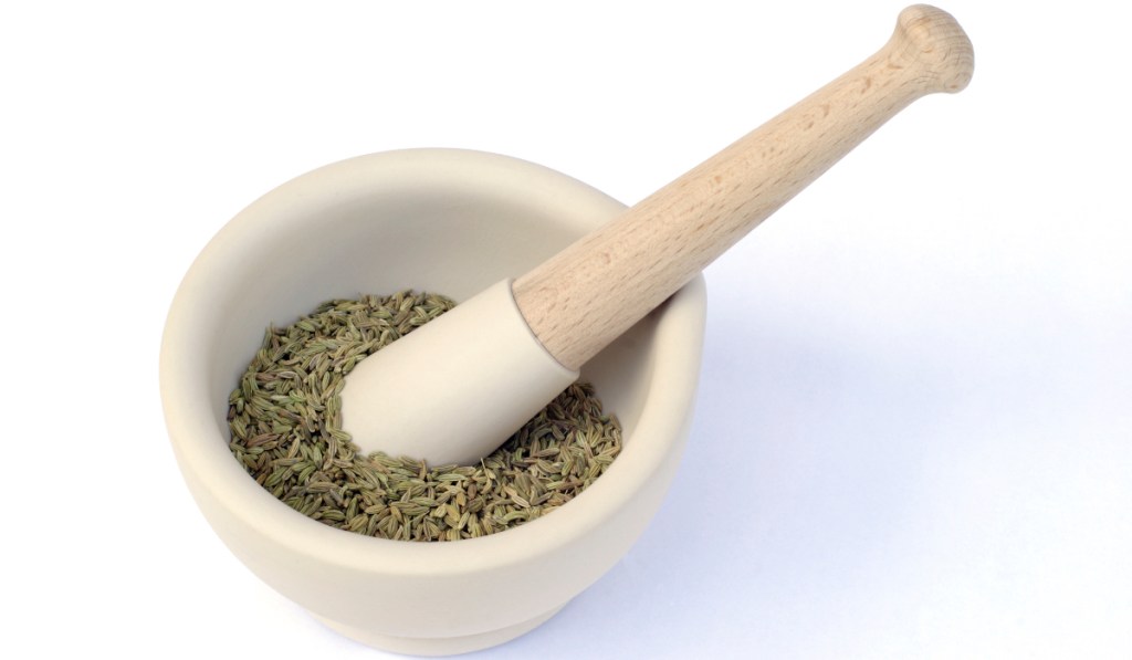 Fennel seeds in a mortar and pestle
