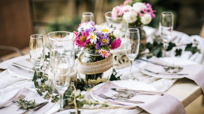 Table decorated for spring with spring flowers, decorating tips concept