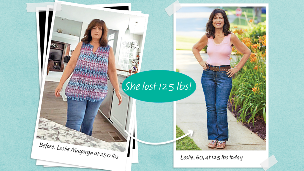 Before and after photos of Leslie Mayorga who lost 125 lbs with a healthy gut diet