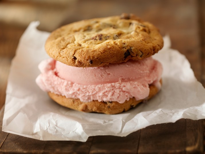 Ice cream sandwich. Scoop of ice cream layered between two cookies.