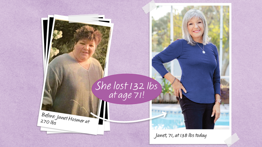 Before and after images of Janet Hosmer who lost 132 lbs on the PSMF diet