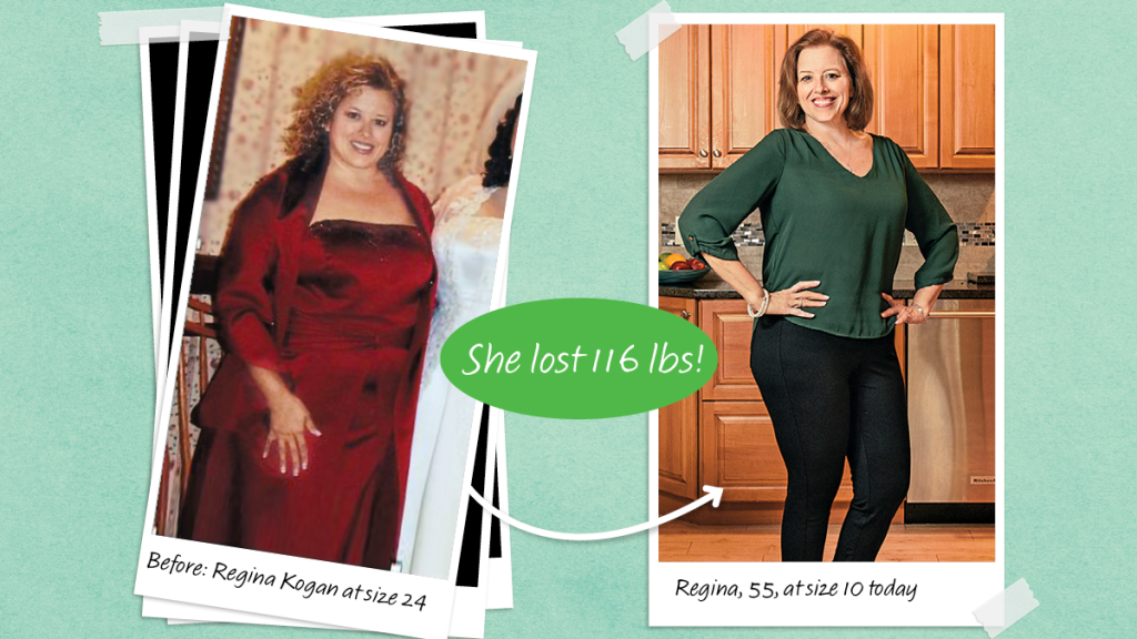 Vorher- und Nachher-Fotos von Regina Kogen, die durch den Verzehr zähflüssiger Ballaststoffe 116 Pfund abgenommen hat