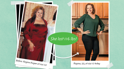 Before and after photos of Regina Kogen who lost 116 lbs eating viscous fiber foods