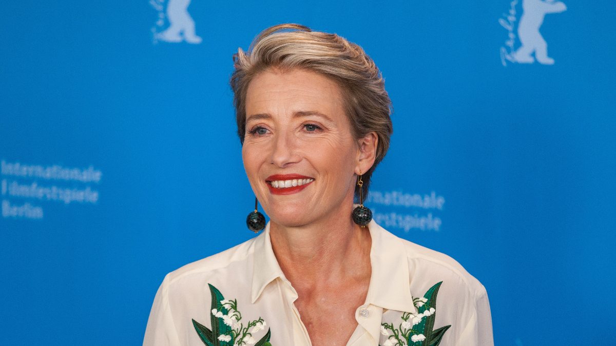 Emma Thompson with a stacked bob haircut