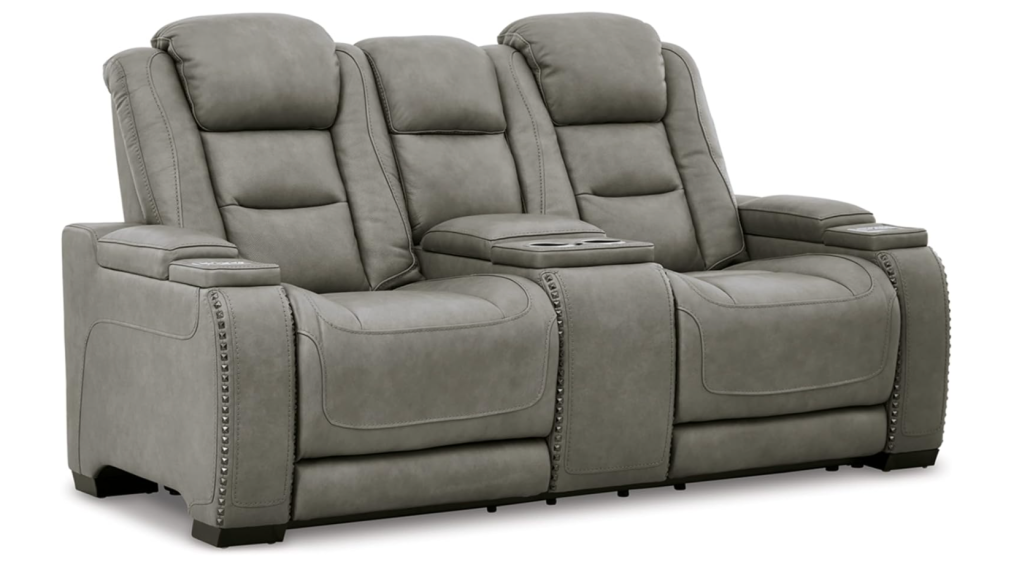 Signature Design by Ashley The Man-Den Leather Power Reclining Loveseat with Center Console, Adjustable Headrest & Wireless Charging, Gray
