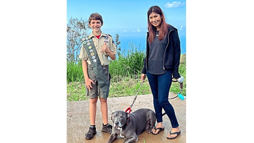 boy scout David King with dog Smokey and owner Aimee Henson