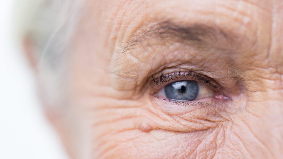 close up on blue eye of senior woman with white hair