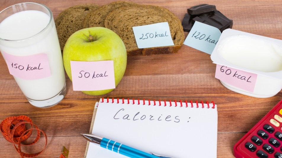 calorie count labels on different foods, milk, apples, bread, yogurt