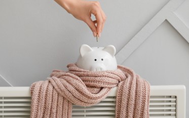 Woman putting money in piggy bank on radiator.