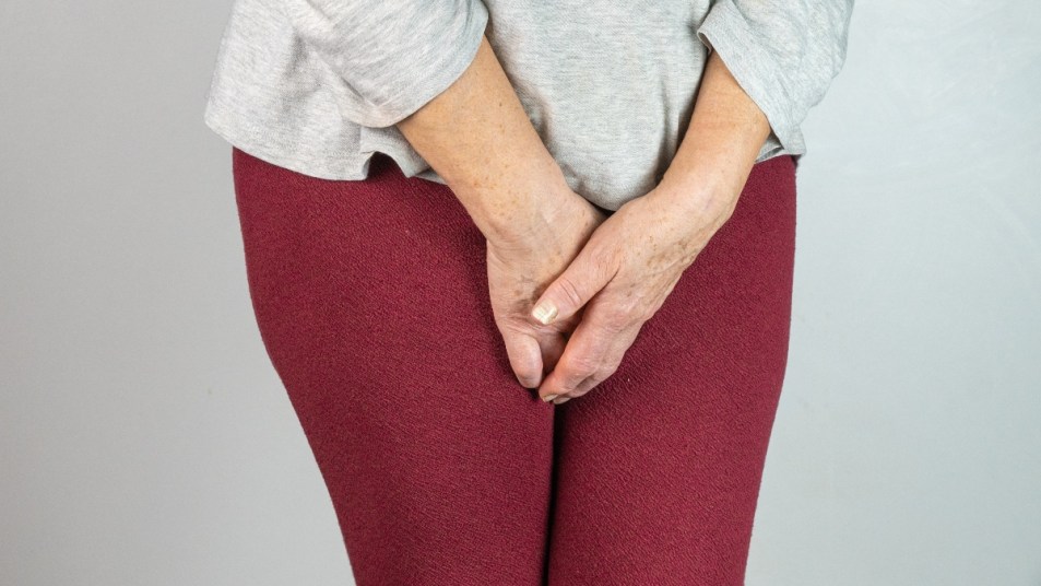 mature woman holding hands in front of her pelvis, urinary incontinence, a sign of pelvic floor disorder