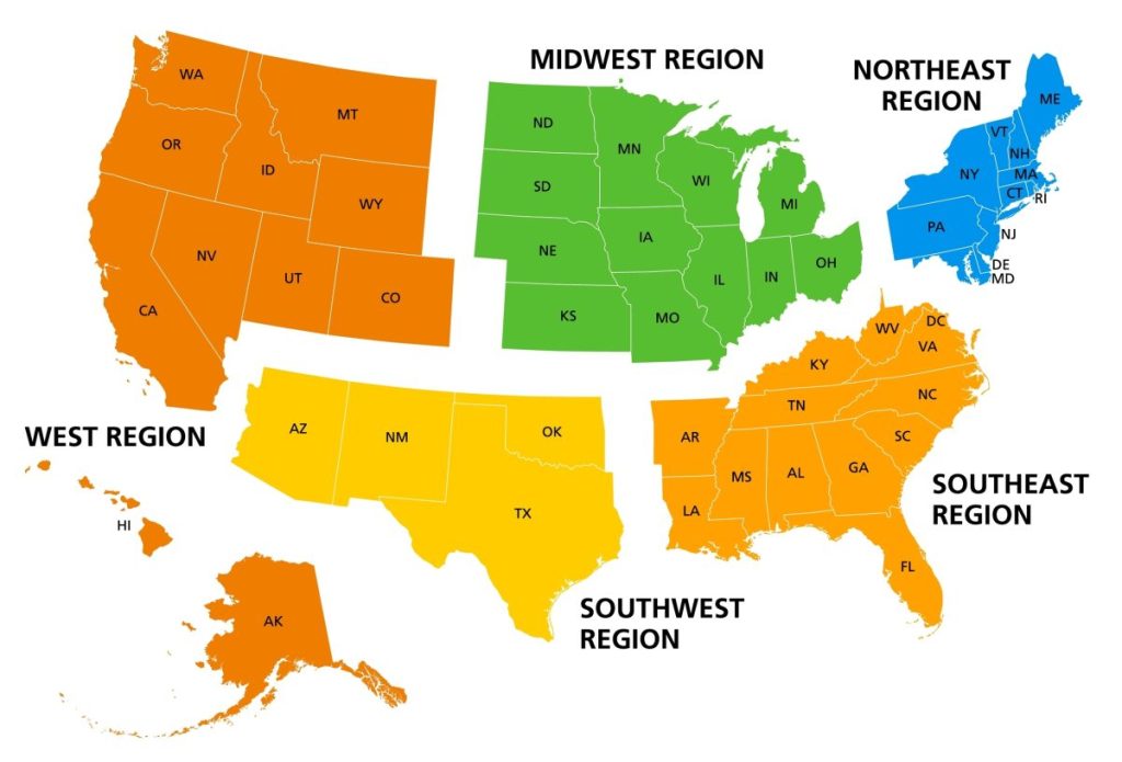 Amerika Birleşik Devletleri, coğrafi bölgeler, renkli siyasi harita.  Kıtadaki coğrafi konumlarına göre beş bölge.  Amerika Birleşik Devletleri'nin bölgelerine atıfta bulunmanın yaygın ancak resmi olmayan yolu.