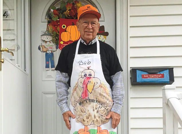 Bob Vogelbaugh in Thanksgiving apron