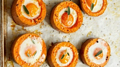 eggs baked in butternut squash on a tray