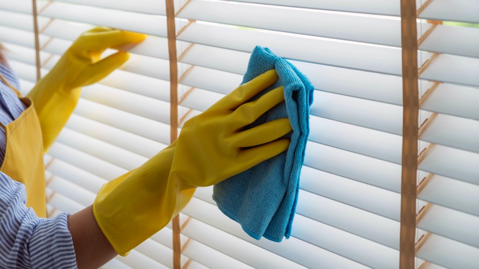 Woman wiping window blinds
