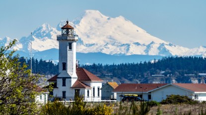 Mount Baker and lighthouse in Port Townsend, Washington