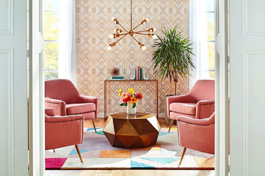 Geometric wallpaper living area from Overstock