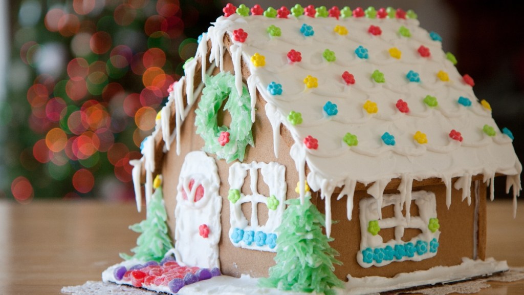 A gingerbread house with royal icing