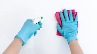 woman cleaning a wall with spray and cloth
