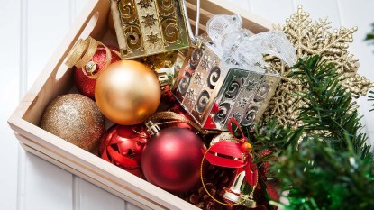 A box filled with Christmas decorations