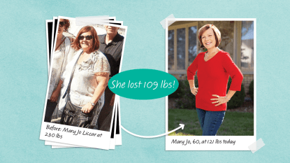Before and after photos of Mary Jo Liccar who lost 109 lbs using collagen for weight loss