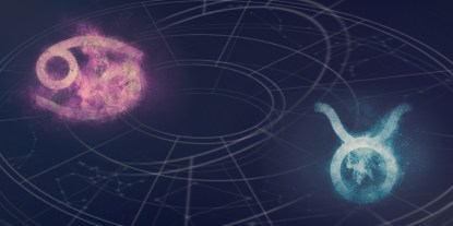 Taurus and Cancer zodiac symbols floating in the night sky