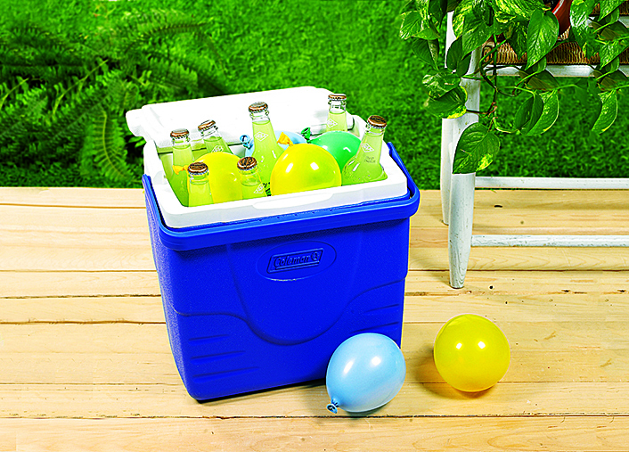 Cooler filled with bottles and frozen water balloons