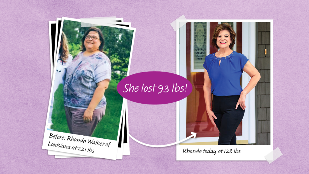Before and after photos of Rhonda Walker who lost 93 lbs with the Galveston Diet