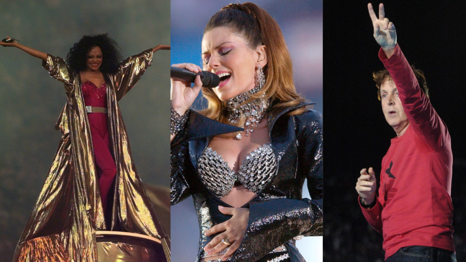 Diana Ross, Shania Twain, and Paul McCartney performing at Super Bowl halftime shows