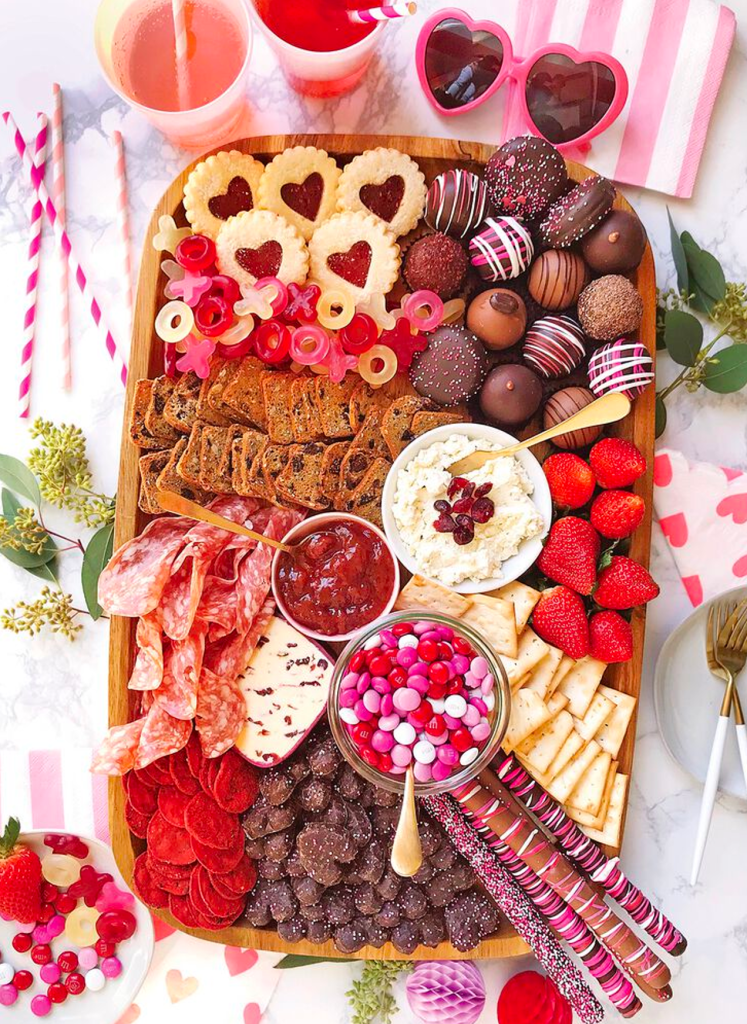 Sweet and savory valentine's charcuterie board