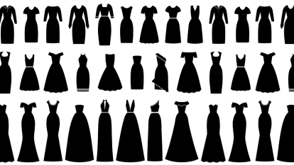 cocktail attire illustration of black dresses in rows