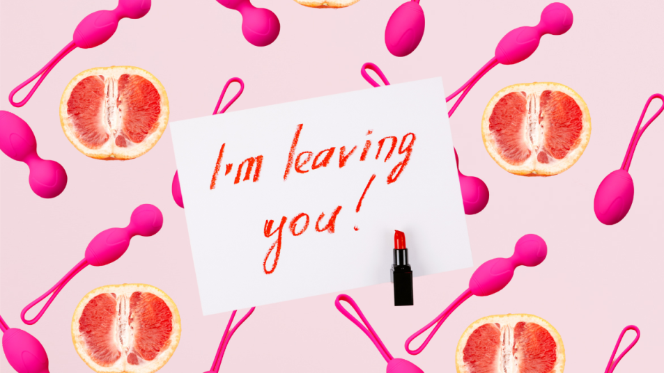 a pink "I'm leaving you" message on top of kegel devices and orange fruit