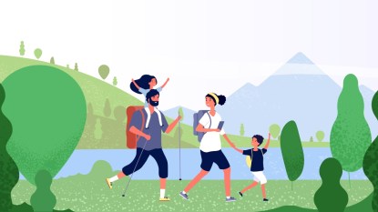 family of dad, mom, and two kids on a hike, illustration of navigation challenge