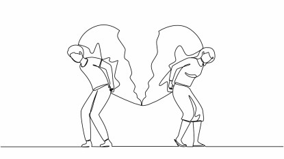 illustration of family estrangement, two figures holding together a broken heart