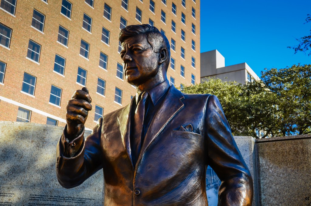 Bronze statue of President John F. Kennedy in Fort Worth, Texas commemorating his last day on earth