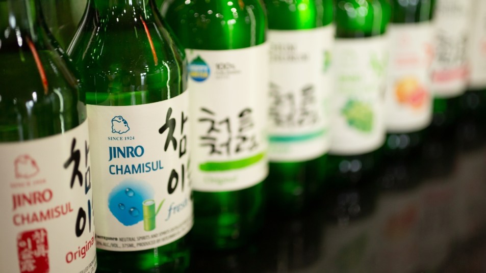 Cypress, California/United States - 11/30/2019: Several glass bottles of soju on display, featuring Jinro Chamisul Soju