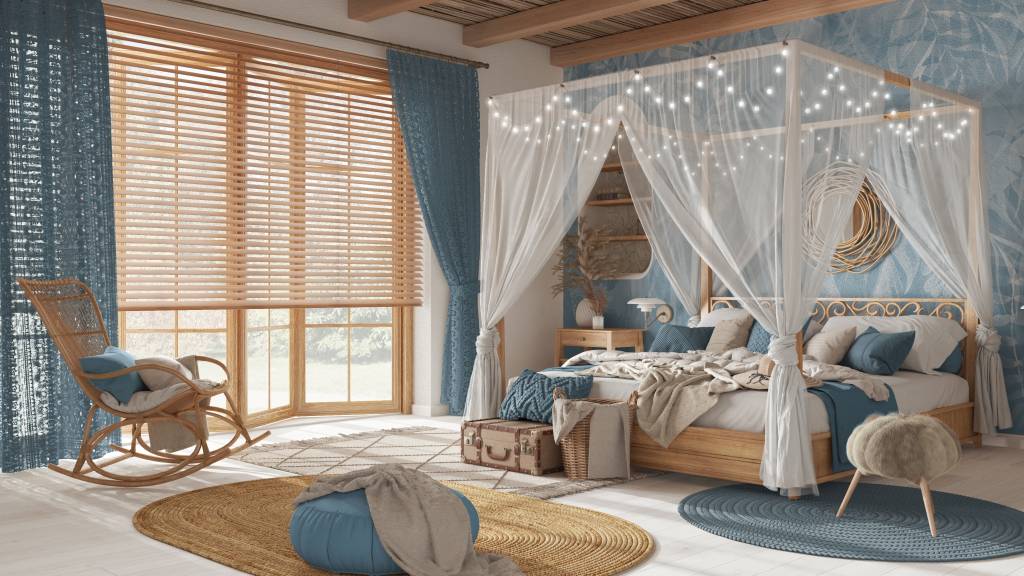 Elegant,Bedroom,With,Canopy,Bed,In,White,And,Blue,Tones.
